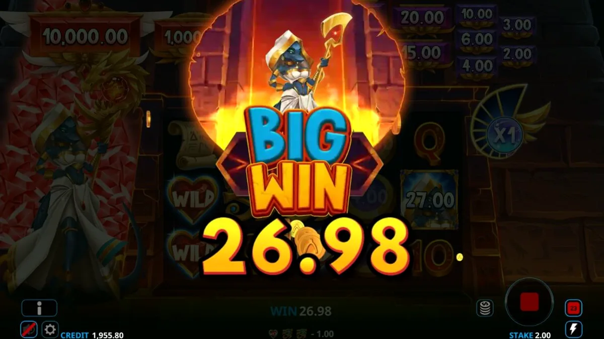 Ammit Hellfire slot machine interface com a deusa egípcia e elementos de fogo