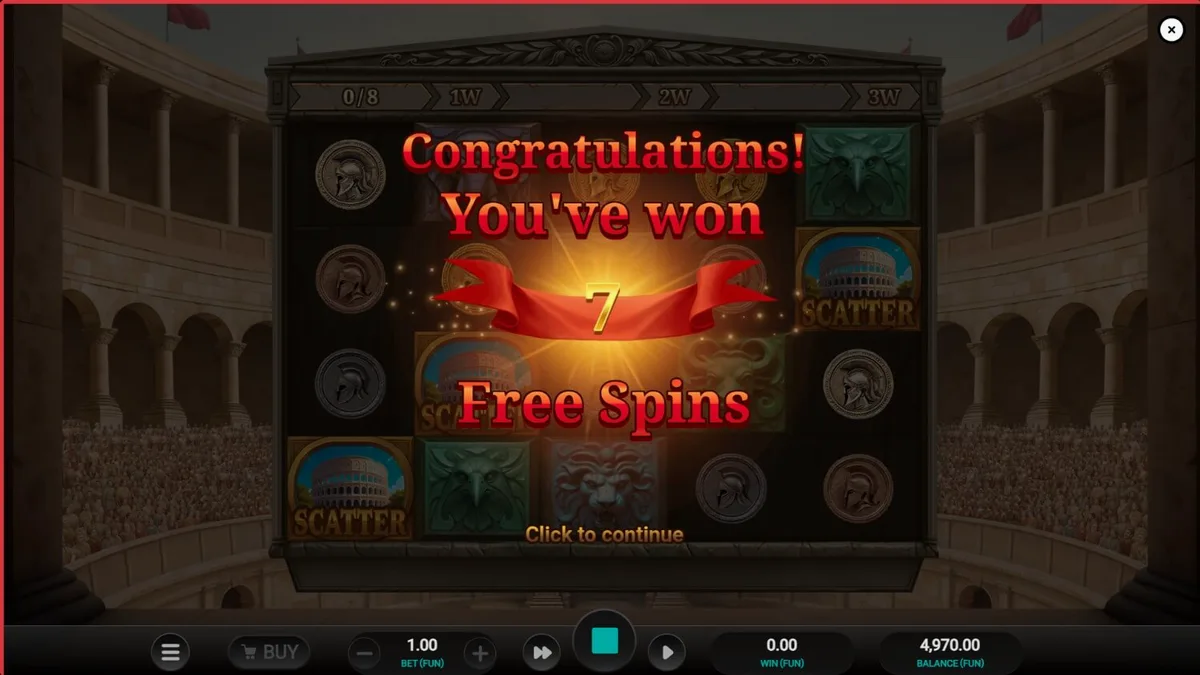 Arena of Fortune slot machine interface com tema de gladiadores